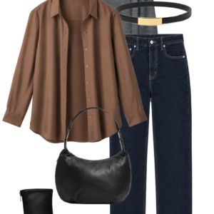 Brown relaxed button-front shirt with dark jeans, black ankle boots, shoulder bag, belt and gold earrings