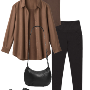 Brown relaxed tunic shirt layered over a brown tank and black leggings with black sneakers, shoulder bag and sunglasses