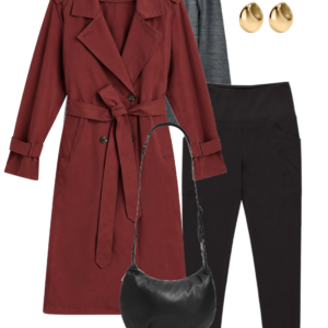 Burgundy trench layered over a gray merino turtleneck and black pants with black sneakers, shoulder bag and sunglasses