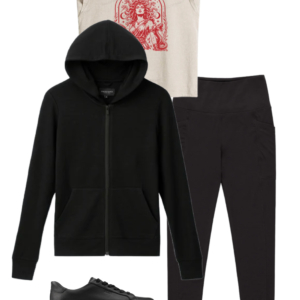 Ivory graphic T-shirt with black merino hoodie and leggings, black sneakers and sunglasses
