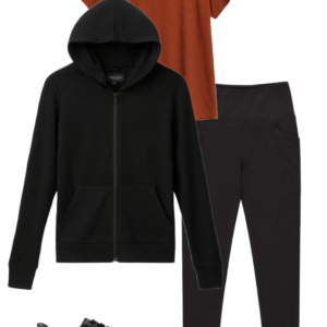 Rust merino T-shirt with black hoodie and leggings and black sneakers for a comfortable fall activewear outfit