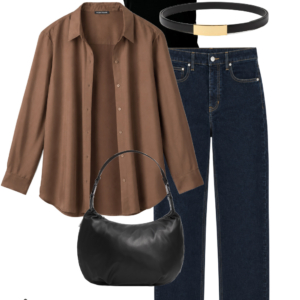 Brown button-front shirt layered over a black tank with dark jeans, black flats, shoulder bag and gold jewelry