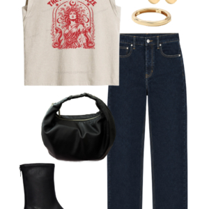 Ivory graphic T-shirt with dark straight-leg jeans, black ankle boots, black shoulder bag and sunglasses