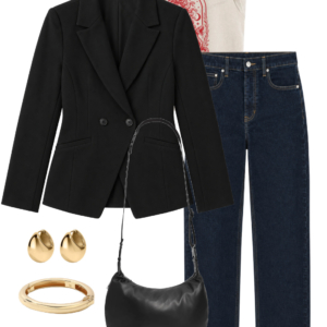 Ivory graphic T-shirt and dark jeans dressed up with a black ponte blazer, black sneakers, shoulder bag and gold jewelry