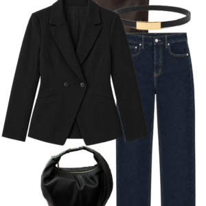 Brown satin draped-neck top with black ponte blazer, dark jeans, black flats, shoulder bag and gold accessories