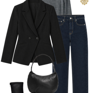 Gray merino turtleneck, black ponte blazer and dark jeans with black ankle boots, shoulder bag and gold earrings