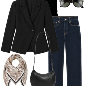 Black tank and ponte blazer with dark straight-leg jeans, black sneakers, printed silk scarf, sunglasses and shoulder bag