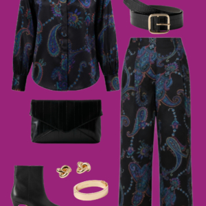 l1 Paisley blouse and matching pants with belt: Black paisley print blouse tucked into matching wide-leg pants, styled with a black belt, heeled ankle boots, clutch, and gold jewelry.