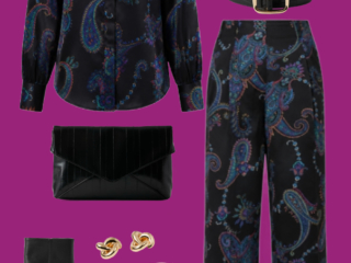 l1 Paisley blouse and matching pants with belt: Black paisley print blouse tucked into matching wide-leg pants, styled with a black belt, heeled ankle boots, clutch, and gold jewelry.