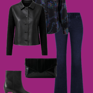 l10 Paisley blouse, jeans, and leather jacket: Black paisley blouse with dark wash flare jeans, a cropped black leather jacket, pointed-toe ankle boots, and black clutch.