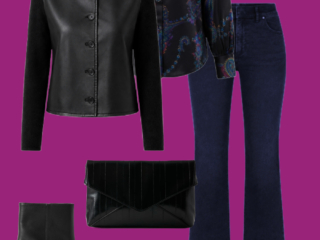 l10 Paisley blouse, jeans, and leather jacket: Black paisley blouse with dark wash flare jeans, a cropped black leather jacket, pointed-toe ankle boots, and black clutch.