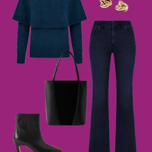 l11 Navy sweater and dark wash jeans: Navy layered-look sweater styled with dark wash flare jeans, black heeled ankle boots, leather tote, glasses, and gold earrings.