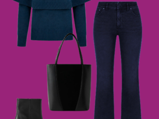 l11 Navy sweater and dark wash jeans: Navy layered-look sweater styled with dark wash flare jeans, black heeled ankle boots, leather tote, glasses, and gold earrings.