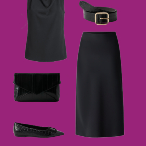 l12 Black sleeveless top and midi skirt: Black draped-neck sleeveless top with a matching midi skirt, crocodile-textured flats, black clutch, belt, and gold accessories.