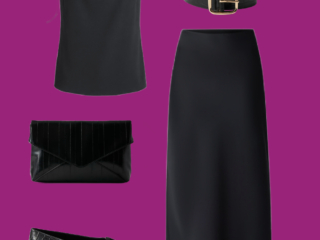 l12 Black sleeveless top and midi skirt: Black draped-neck sleeveless top with a matching midi skirt, crocodile-textured flats, black clutch, belt, and gold accessories.