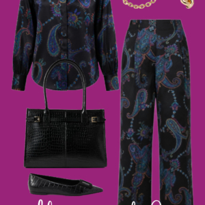 l2 Relaxed paisley blouse and matching pants: Black paisley blouse worn untucked with matching wide-leg pants, black crocodile-textured flats, structured handbag, and gold jewelry.