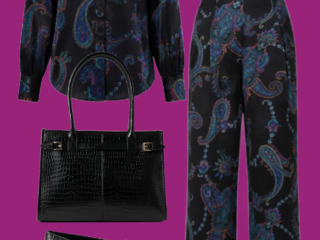 l2 Relaxed paisley blouse and matching pants: Black paisley blouse worn untucked with matching wide-leg pants, black crocodile-textured flats, structured handbag, and gold jewelry.