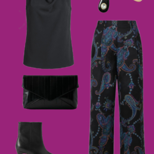 l3 Black sleeveless top and paisley pants: Black draped-neck sleeveless top styled with colorful paisley wide-leg pants, heeled ankle boots, black clutch, and statement earrings.