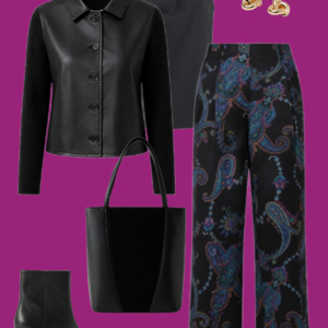 l4 Black draped top, paisley pants, and leather jacket: Black sleeveless draped-neck top with paisley wide-leg pants, cropped leather jacket, ankle boots, and gold earrings.