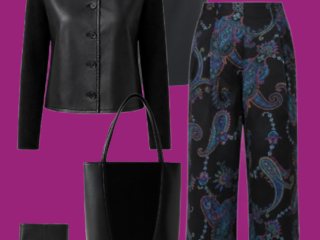 l4 Black draped top, paisley pants, and leather jacket: Black sleeveless draped-neck top with paisley wide-leg pants, cropped leather jacket, ankle boots, and gold earrings.