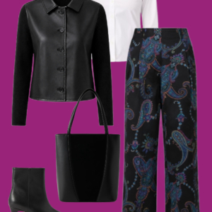 l5 White shirt and paisley pants with leather jacket: Crisp white button-down shirt with black paisley wide-leg pants, cropped black leather jacket, ankle boots, and leather tote.