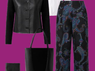 l5 White shirt and paisley pants with leather jacket: Crisp white button-down shirt with black paisley wide-leg pants, cropped black leather jacket, ankle boots, and leather tote.