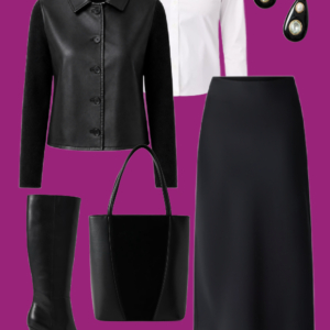 l6 White shirt, black skirt, and leather jacket: White button-front shirt layered under a cropped black leather jacket, paired with a black midi skirt, knee-high boots, and black tote.