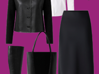 l6 White shirt, black skirt, and leather jacket: White button-front shirt layered under a cropped black leather jacket, paired with a black midi skirt, knee-high boots, and black tote.