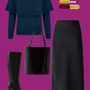 l7 Navy sweater tucked into midi skirt: Navy layered-look sweater tucked into a black midi skirt, styled with knee-high black boots, leather tote, and gold earrings.