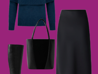 l7 Navy sweater tucked into midi skirt: Navy layered-look sweater tucked into a black midi skirt, styled with knee-high black boots, leather tote, and gold earrings.