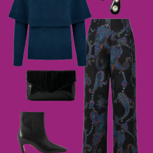 l8 Navy sweater and paisley pants: Navy layered-look sweater worn untucked with black paisley wide-leg pants, heeled ankle boots, black clutch, and statement earrings.