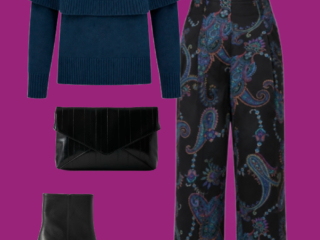 l8 Navy sweater and paisley pants: Navy layered-look sweater worn untucked with black paisley wide-leg pants, heeled ankle boots, black clutch, and statement earrings.