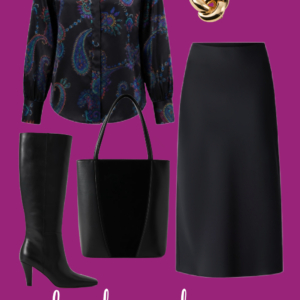 l9 Paisley blouse and black midi skirt: Colorful paisley blouse paired with a black midi skirt, knee-high heeled boots, black leather tote, and statement gold jewelry.