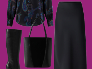 l9 Paisley blouse and black midi skirt: Colorful paisley blouse paired with a black midi skirt, knee-high heeled boots, black leather tote, and statement gold jewelry.