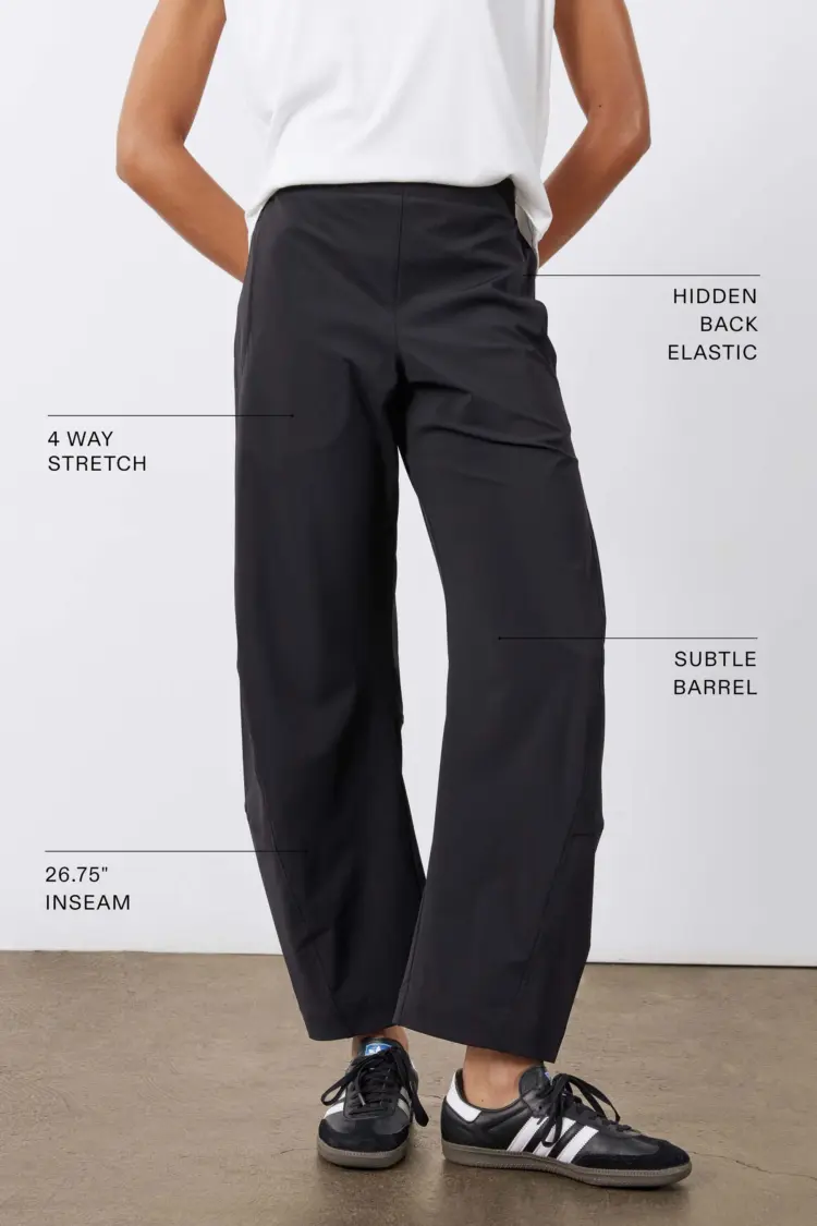 How to Style Ruti On the Loose Pants: Outfit Ideas for Real Life 2 graphic from the Ruti website showing a pair of the On the Loose pants and text stating that the pants have 4 way stretch, hidden back elastic, a subtle barrel, and a 26.75" inseam.