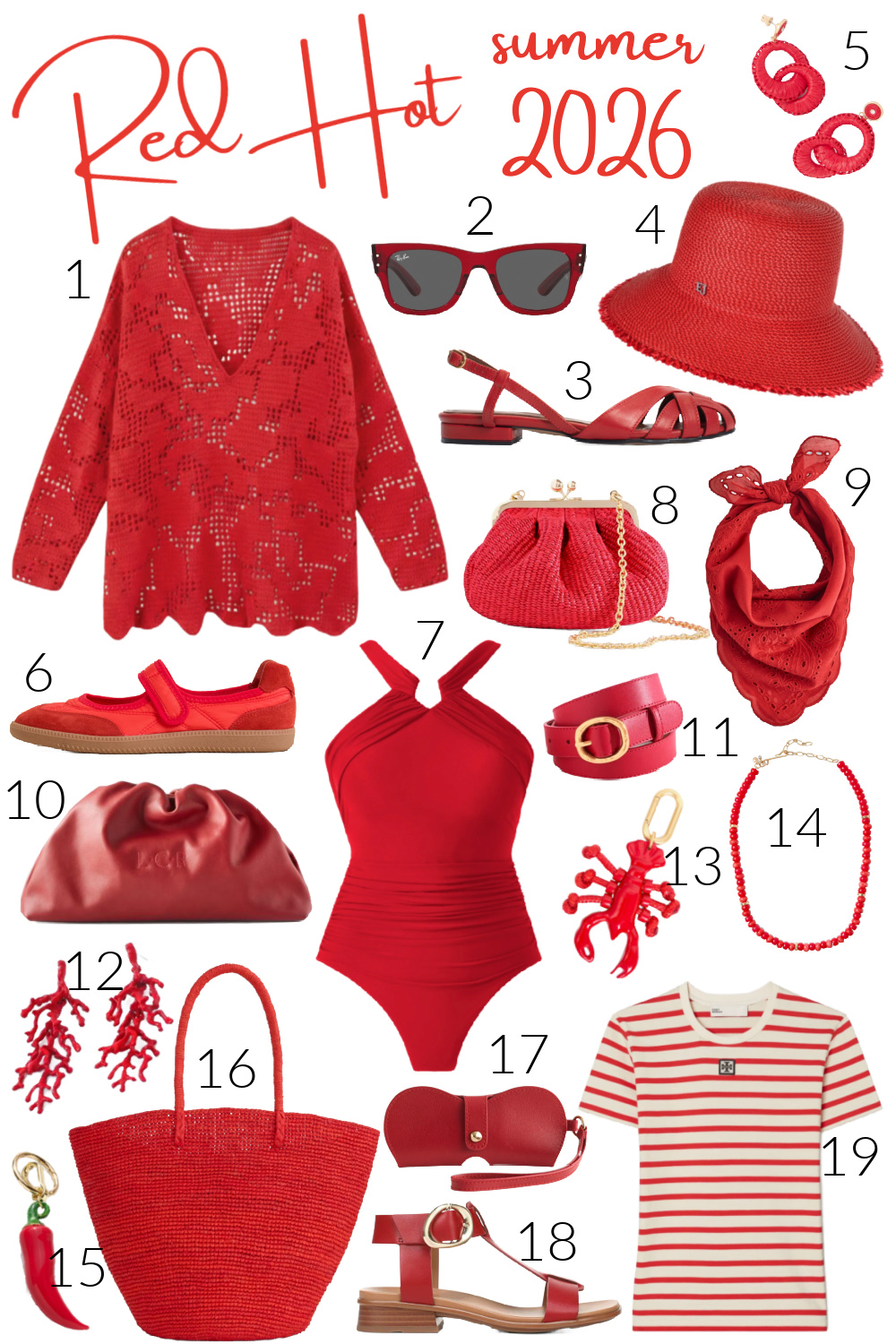 How to style red in 2026: a collage featuring 18 red accessories and pieces of apparel for women