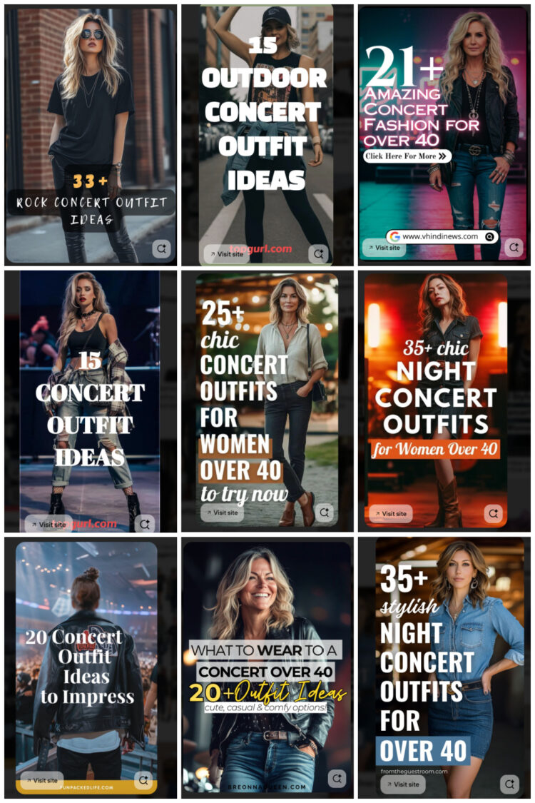 collage of 9 pins from Pinterest that were made with AI suggesting ideas of what to wear to a concert